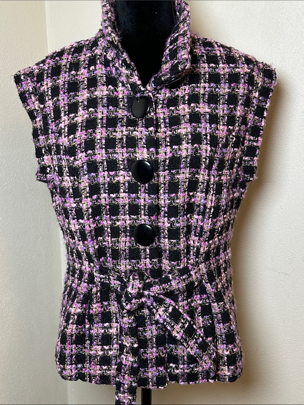 LUII Womenโs Black & Pink Tweed Belted Vest Sz Lg